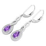 6X4 mm Each Pear Amethyst & Round White Diamond Ladies Infinity Swirl Halo Style Dangling Drop Earrings, Sterling Silver