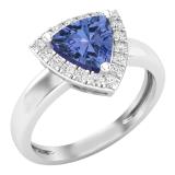 7 MM Trillion Tanzanite & Round White Sapphire Ladies Halo Style Engagement Ring Sterling Silver