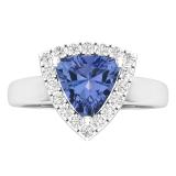 7 MM Trillion Tanzanite & Round White Sapphire Ladies Halo Style Engagement Ring Sterling Silver