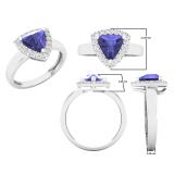 7 MM Trillion Tanzanite & Round White Sapphire Ladies Halo Style Engagement Ring Sterling Silver