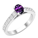 6X4 mm Oval Amethyst & Round White Diamond Ladies Bridal Engagement Ring, 14K White Gold
