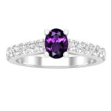 6X4 mm Oval Amethyst & Round White Diamond Ladies Bridal Engagement Ring, 14K White Gold
