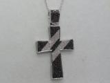 0.90 Carat (ctw) Round Black & White Diamond Mens & Womens Religious Unisex Cross Pendant, Sterling Silver