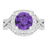 8 mm Round Amethyst & White Cubic Zirconia Ladies Split Shank Halo Wedding Ring Set, 10K White Gold