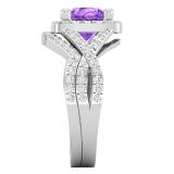 8 mm Round Amethyst & White Cubic Zirconia Ladies Split Shank Halo Wedding Ring Set, 10K White Gold