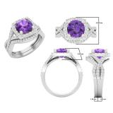 8 mm Round Amethyst & White Cubic Zirconia Ladies Split Shank Halo Wedding Ring Set, 10K White Gold
