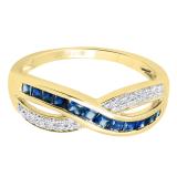 Princess Blue Saphhire & Round White Diamond Ladies Wedding Band Anniversary Ring, 14K Yellow Gold