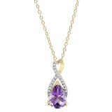 10X7 mm Pear Amethyst & Round White Diamond Ladies Infinity Swirl Teardrop Pendant With Gold Chain, 10K Yellow Gold