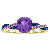 6 mm Cushion Amethyst & Round Blue Sapphire & Amethyst Ladies Swirl Engagement Ring, 14K Yellow Gold