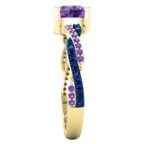 6 mm Cushion Amethyst & Round Blue Sapphire & Amethyst Ladies Swirl Engagement Ring, 14K Yellow Gold
