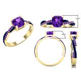 6 mm Cushion Amethyst & Round Blue Sapphire & Amethyst Ladies Swirl Engagement Ring, 14K Yellow Gold