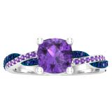 6 mm Cushion Amethyst & Round Blue Sapphire & Amethyst Ladies Swirl Engagement Ring, Sterling Silver