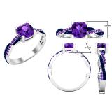 6 mm Cushion Amethyst & Round Blue Sapphire & Amethyst Ladies Swirl Engagement Ring, Sterling Silver