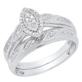 0.09 Carat (ctw) Round White Diamond in Marquise Frame Cluster Style Ladies Engagement Ring With Matching Band set Sterling Silver
