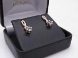 5 mm Each Round Aquamarine and Diamond Ladies Frame Awareness Ribbon Drop Earrings, 14K Rose Gold