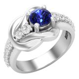 5.5 MM Round Blue Sapphire & White Diamond Ladies Bridal Engagement Promise Ring Sterling Silver