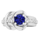 5.5 MM Round Blue Sapphire & White Diamond Ladies Bridal Engagement Promise Ring Sterling Silver