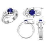 5.5 MM Round Blue Sapphire & White Diamond Ladies Bridal Engagement Promise Ring Sterling Silver