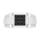 0.50 Carat (ctw) Round Black & White Diamond Square Ribbed Shank Mens Rings 1/2 CT Sterling Silver