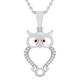 0.10 Carat (ctw) Round Red & White Diamond Ladies Owl Bird Animal Pendant 1/10 CT Sterling Silver
