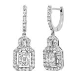 1.54 Carat (ctw) Baguette Princess & Round White Diamond Drop Earrings 1 1/2 CT 10K White Gold