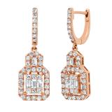 1.54 Carat (ctw) Baguette Princess & Round White Diamond Drop Earrings 1 1/2 CT 18K Rose Gold