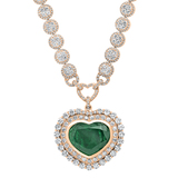 Heart Colombian Emerald & Round White Diamond Ladies Halo Style Necklace 18K Rose Gold