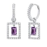 3.5MM X 4.5MM Emerald Amethyst & Round Diamond Ladies Huggies Dangling Earrings, 10K White Gold