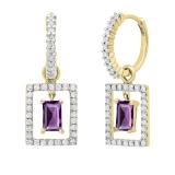 3.5MM X 4.5MM Emerald Amethyst & Round Diamond Ladies Huggies Dangling Earrings, 14K Yellow Gold