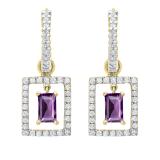 3.5MM X 4.5MM Emerald Amethyst & Round Diamond Ladies Huggies Dangling Earrings, 14K Yellow Gold
