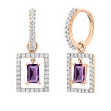 3.5MM X 4.5MM Emerald Amethyst & Round Diamond Ladies Huggies Dangling Earrings, 18K Rose Gold