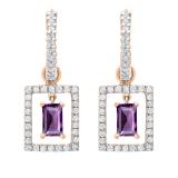 3.5MM X 4.5MM Emerald Amethyst & Round Diamond Ladies Huggies Dangling Earrings, 18K Rose Gold