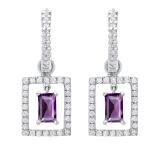 3.5MM X 4.5MM Emerald Amethyst & Round Diamond Ladies Huggies Dangling Earrings, 18K White Gold