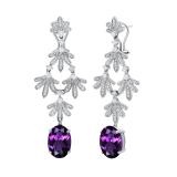 10X14 mm Oval Amethyst & Round White Diamond Ladies Fashion Dangle Earrings 10K White Gold