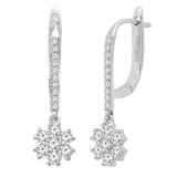 0.98 Carat (ctw) Round White Diamond Ladies Custer Flower Drop Dangle Earrings 1 CT 18K White Gold