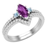 8X4 MM Marquise Amethyst Round Blue Topaz & White Diamond Ladies 3 Stone Ring Set Sterling Silver