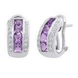 Princess Amethyst & Round White Diamond Ladies Fashion Hoop Earrings 14K White Gold