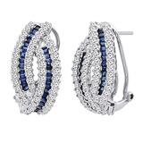 Princess Blue Sapphire & Round White Diamond Ladies Fashion Hoop Earrings 14K White Gold