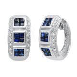 Princess Blue Sapphire & Round White Diamond Ladies Fashion Hoop Earrings 14K White Gold