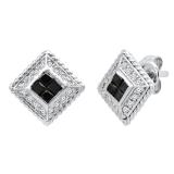0.83 Carat (ctw) Princess Black & Round White Diamond Ladies Stud Earrings 3/4 CT 14K White Gold