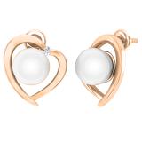 8 mm Each Round White Freshwater Pearl & White Diamond Ladies Heart Stud Earrings 10K Rose Gold