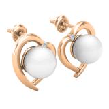 8 mm Each Round White Freshwater Pearl & White Diamond Ladies Heart Stud Earrings 10K Rose Gold