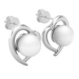 8 mm Each Round White Freshwater Pearl & White Diamond Ladies Heart Stud Earrings 14K White Gold