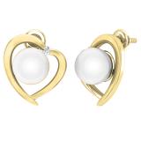 8 mm Each Round White Freshwater Pearl & White Diamond Ladies Heart Stud Earrings 14K Yellow Gold