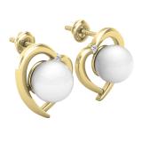 8 mm Each Round White Freshwater Pearl & White Diamond Ladies Heart Stud Earrings 14K Yellow Gold