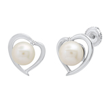 8 mm Each Round White Freshwater Pearl & White Diamond Ladies Heart Stud Earrings Sterling Silver