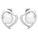 8 mm Each Round White Freshwater Pearl & White Diamond Ladies Heart Stud Earrings Sterling Silver