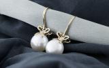 10 mm Each Round White Freshwater Pearl & White Diamond Ladies Bow Drop Earrings 14K Yellow Gold