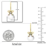 10 mm Each Round White Freshwater Pearl & White Diamond Ladies Bow Drop Earrings 14K Yellow Gold