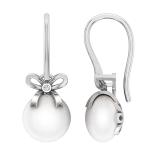 10 mm Each Round White Freshwater Pearl & White Diamond Ladies Bow Drop Earrings Sterling Silver
